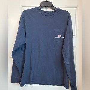 Vineyard Vines Navy Long-Sleeve Pocket Tee with Pink Whale Logo